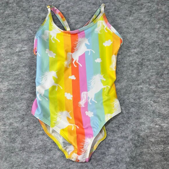 Lot of 2 Girls Swimsuits L Pink/Navy Tankini & Rainbow Unicorn One-Piece - Picture 4 of 6